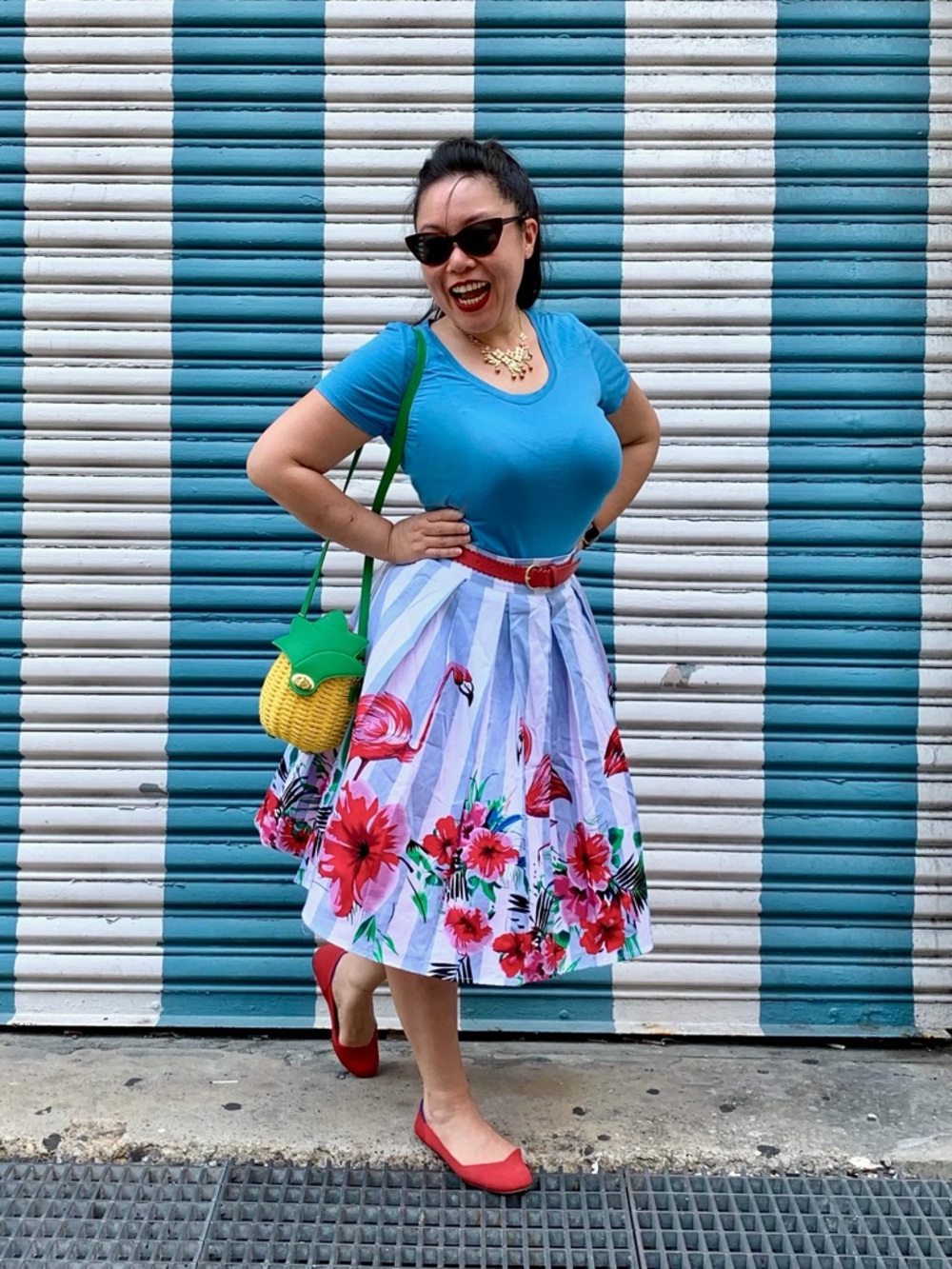 Striped Floral Flamingo Pleated A-Line Skirt - Medium